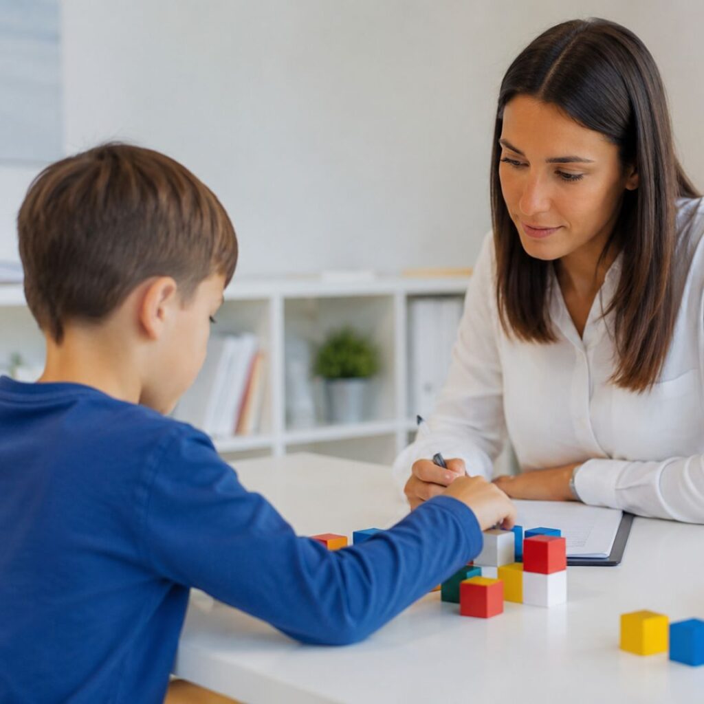 Niño realizando actividades de evaluación neuropsicológica junto a una profesional para valorar atención, aprendizaje y funciones cognitivas.