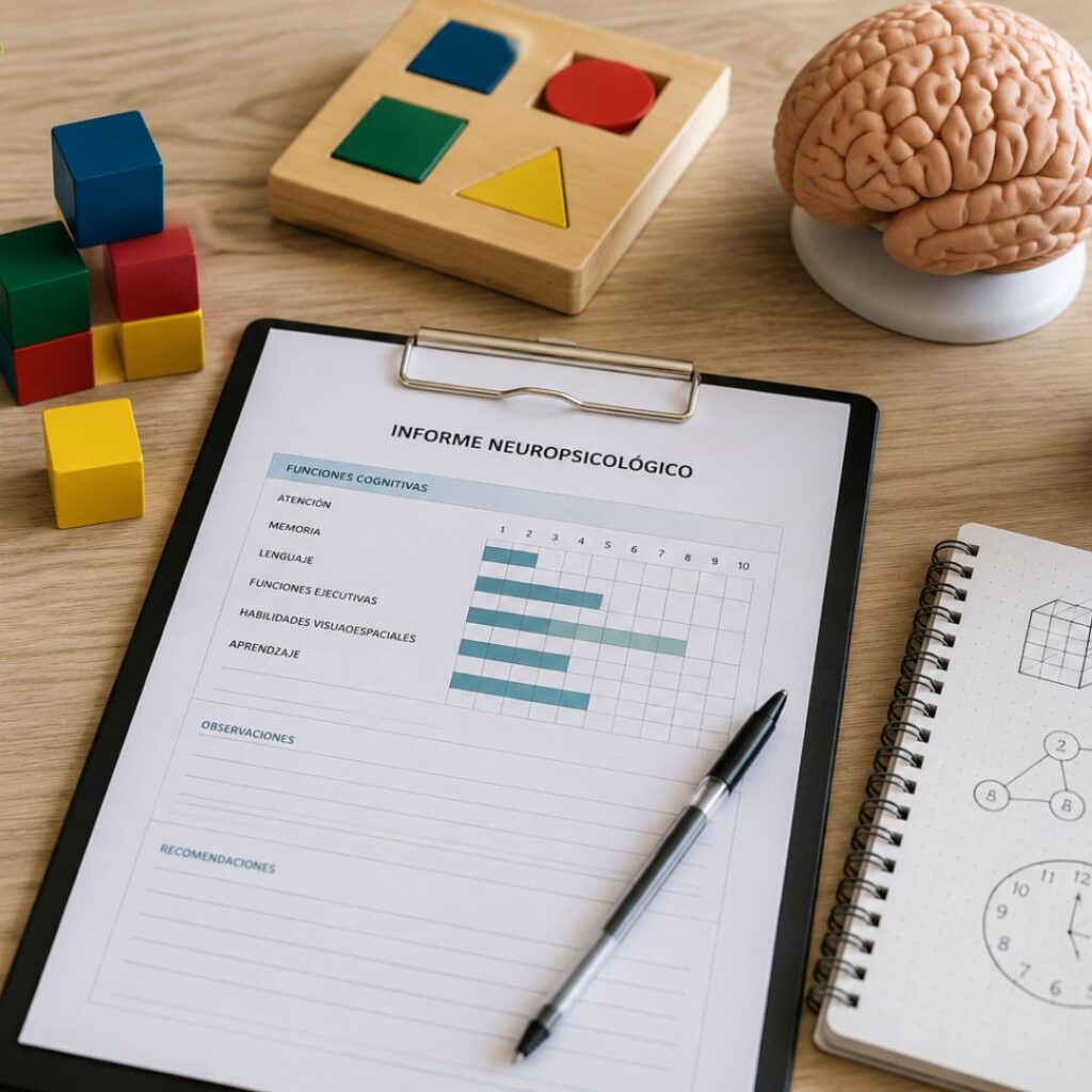 Materiales utilizados en una evaluación neuropsicológica para valorar atención, memoria, aprendizaje y funciones ejecutivas.