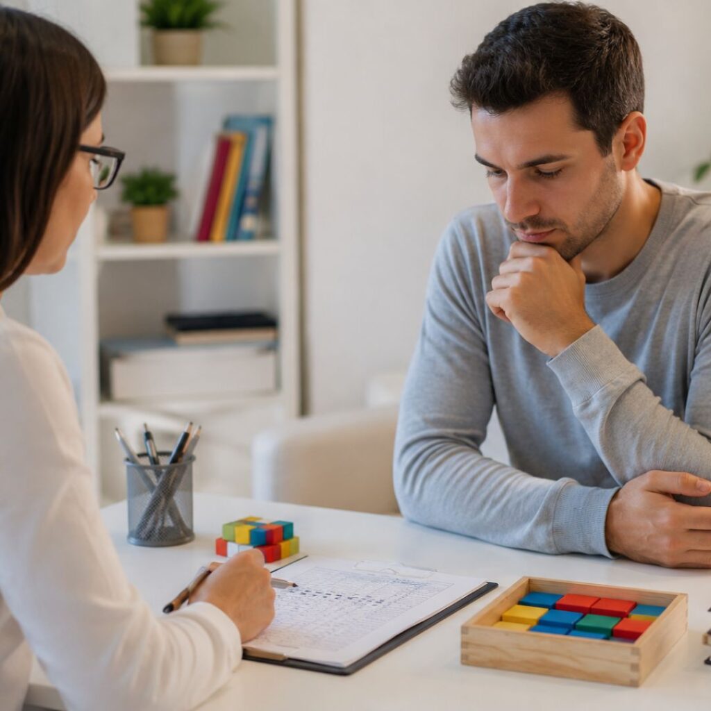 Profesional explicando los resultados de una evaluación neuropsicológica a un paciente adulto durante una consulta