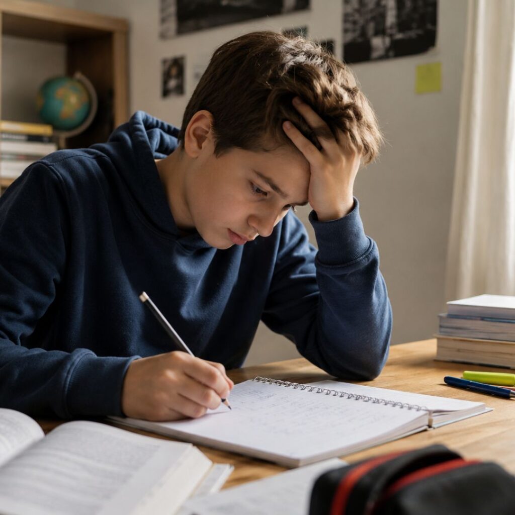 Niño mostrando dificultades de concentración mientras realiza deberes, una situación que puede requerir una evaluación neuropsicológica.